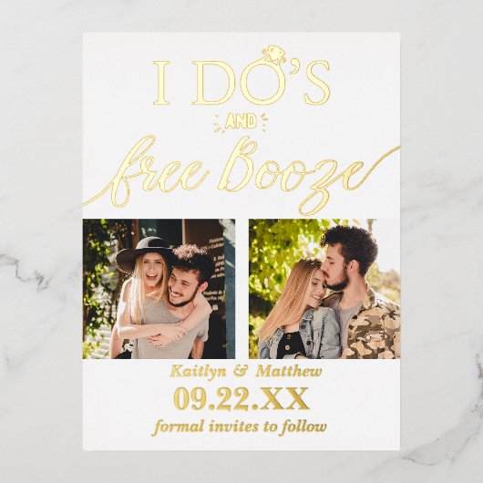 I's's & Free Boozeウェディングモダン日付を保存 箔招待状ポストカード (正面)