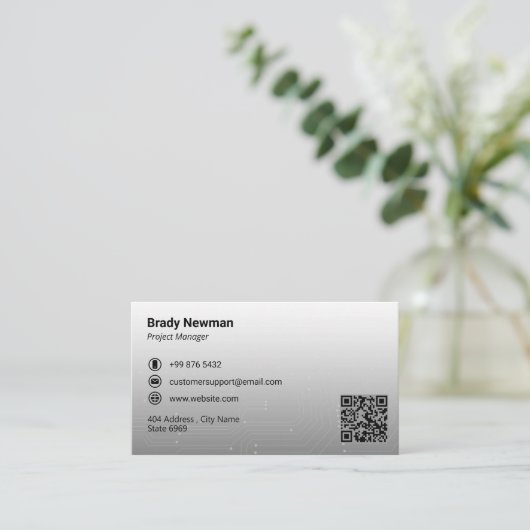 ITコンサルティングビジネス | 未来的なグレーライト 名刺 (スタンド正面)