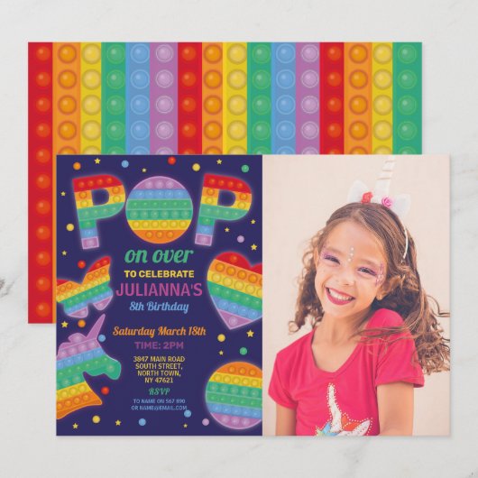 itパーティーポップ・アートのフィジェット誕生日ネイビー写真 招待状 (正面/裏面)