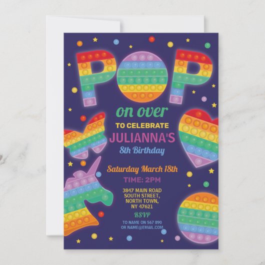 itパーティーポップ・アートのフィジェット誕生日ネイビー招待状 招待状 (正面)