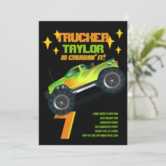 ITモンスタートラックのネオン誕生日パーティーキッズを粉砕 招待状 (スタンド正面)