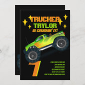 ITモンスタートラックのネオン誕生日パーティーキッズを粉砕 招待状 (正面/裏面)