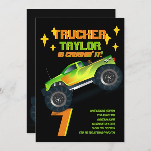 ITモンスタートラックのネオン誕生日パーティーキッズを粉砕 招待状 (正面/裏面)