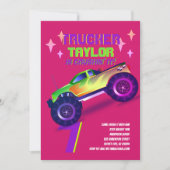 ITモンスタートラックのネオン誕生日パーティーピンク 招待状 (正面)