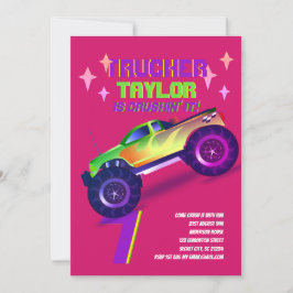ITモンスタートラックのネオン誕生日パーティーピンク 招待状