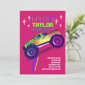 ITモンスタートラックのネオン誕生日パーティーピンク 招待状 (スタンド正面)