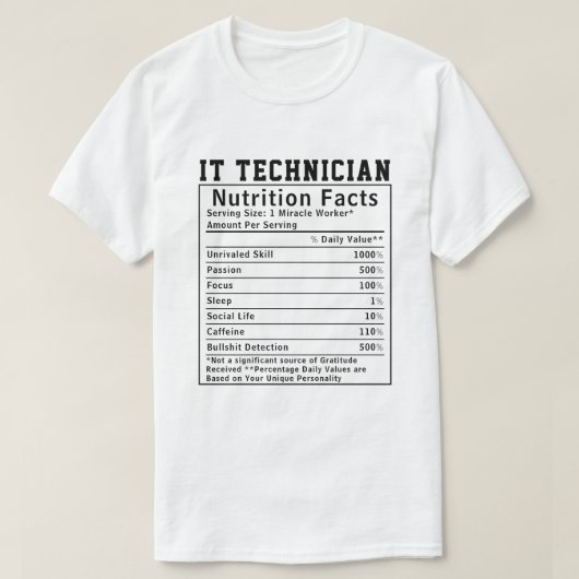 IT技術者の栄養成分表示 おもしろITエンジニア Tシャツ (デザイン正面)
