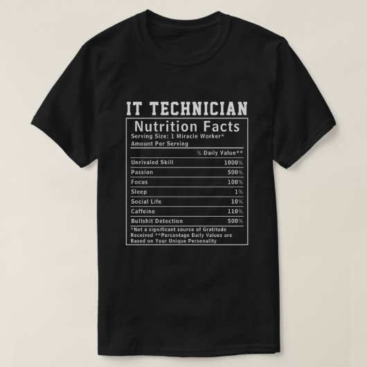 IT技術者の栄養成分表示 楽しいIT技術者 Tシャツ (デザイン正面)