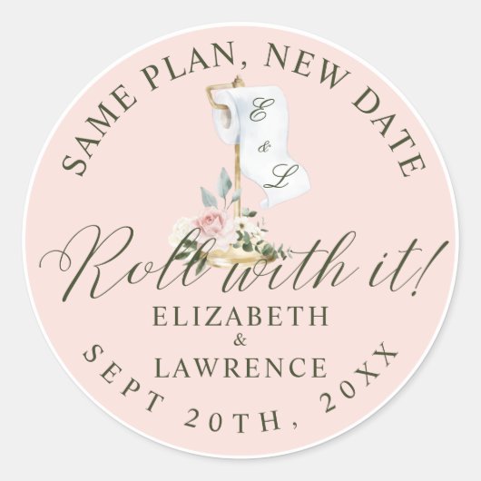 It転が赤面花模様とトイレ紙ピンク ラウンドシール (正面)