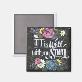 "It is Well" 2"ブラックフローラスクエアマグネット マグネット (正面/裏面)