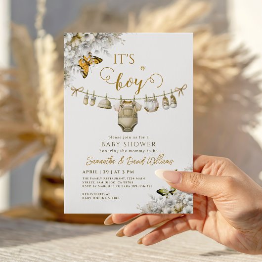 It’s a Boy Baby in Bloom Neutral Clothesline 招待状