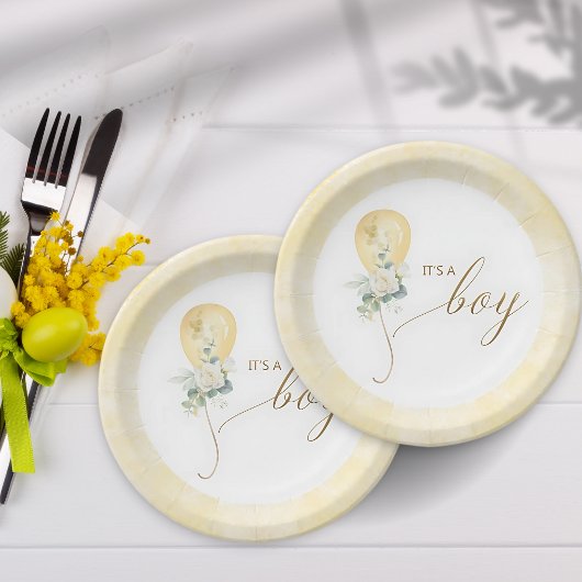 It’s A Boy Baby Shower –Gold Balloon & Greenery ペーパープレート