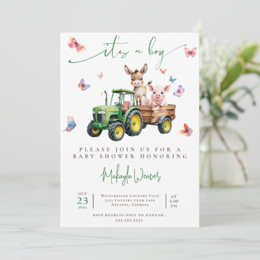 It’s a Boy Tractor Editable Farm Ranch Baby Shower 招待状 (スタンド正面)