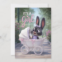 It’s a Girl: Baby Bunny in Pink Lace Stroller 招待状