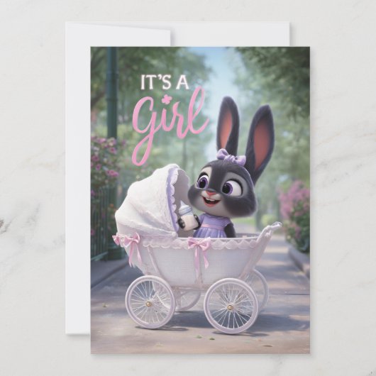 It’s a Girl: Baby Bunny in Pink Lace Stroller 招待状 (正面)