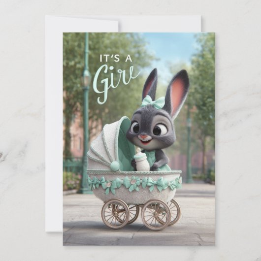 It’s a Girl Baby: Cute Bunny in Green Stroller 招待状 (正面)