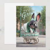 It’s a Girl Baby: Cute Bunny in Green Stroller 招待状 (正面/裏面)
