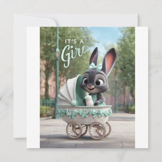 It’s a Girl Baby: Cute Bunny in Green Stroller 案内状 (正面)