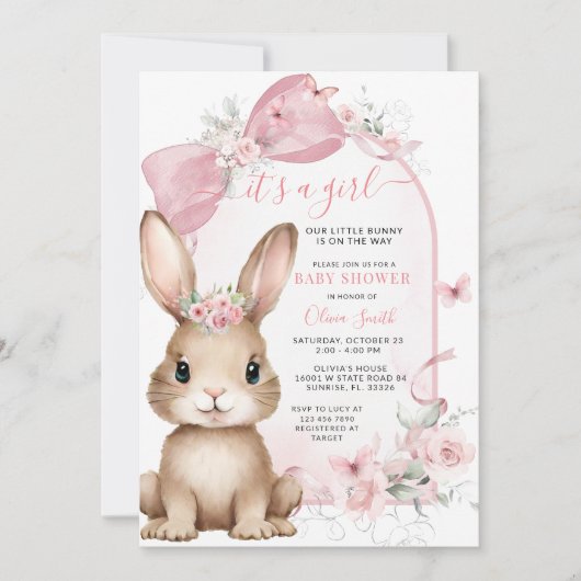It’s a Girl Bunny Pink Bow Baby Shower Invitation 招待状 (正面)