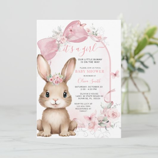 It’s a Girl Bunny Pink Bow Baby Shower Invitation 招待状 (スタンド正面)