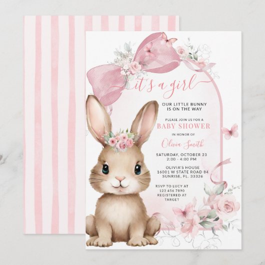It’s a Girl Bunny Pink Bow Baby Shower Invitation 招待状 (正面/裏面)