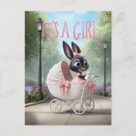 It’s a Girl: Cute Baby Bunny Pink Vintage Stroller 案内ポストカード