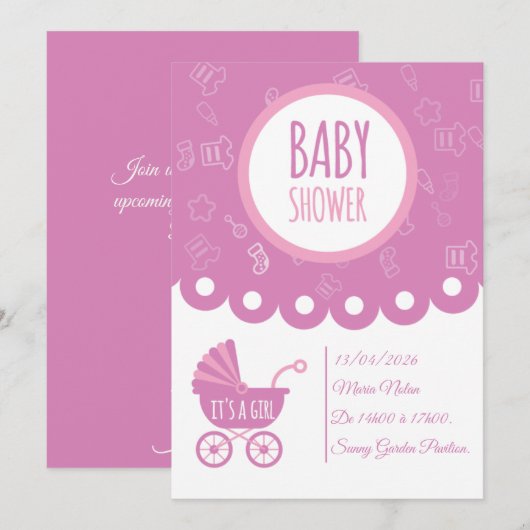 It’s a Girl Pink Baby Shower Card | Cute Baby  招待状 (正面/裏面)