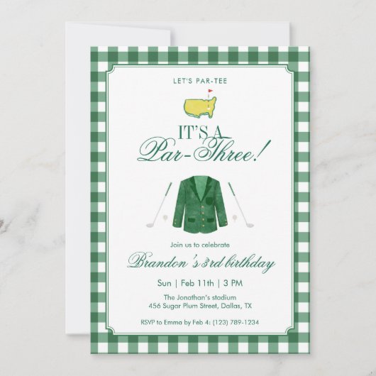 It’s A Par-Three Golf 3rd Birthday Green Gingham 招待状 (正面)