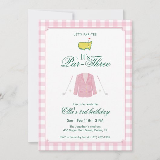 It’s A Par-Three Golf 3rd Birthday Pink Gingham 招待状 (正面)