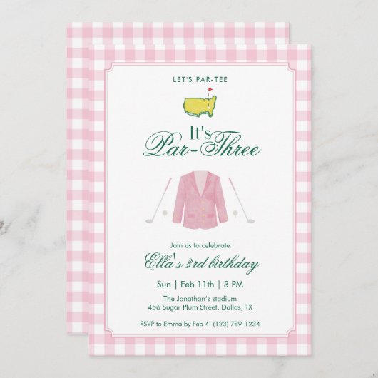 It’s A Par-Three Golf 3rd Birthday Pink Gingham 招待状 (正面/裏面)