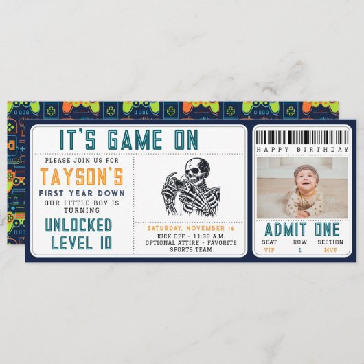 It’s Game On Skull – Video Game Birthday Party 招待状 (正面/裏面)