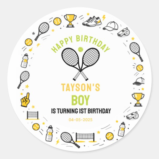 It’s Game Time Tennis 1st Birthday – Fun Kids  ラウンドシール (正面)
