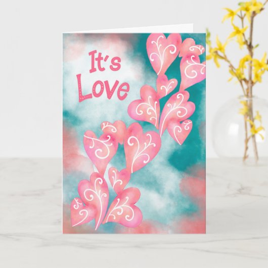 It’s Love – Pink & Teal Heart Cascade カード (黄色い花)
