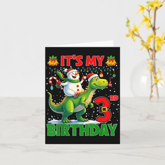 It’s My 3rd Birthday Xmas Snowman Riding Dinosaur  カード (黄色い花)