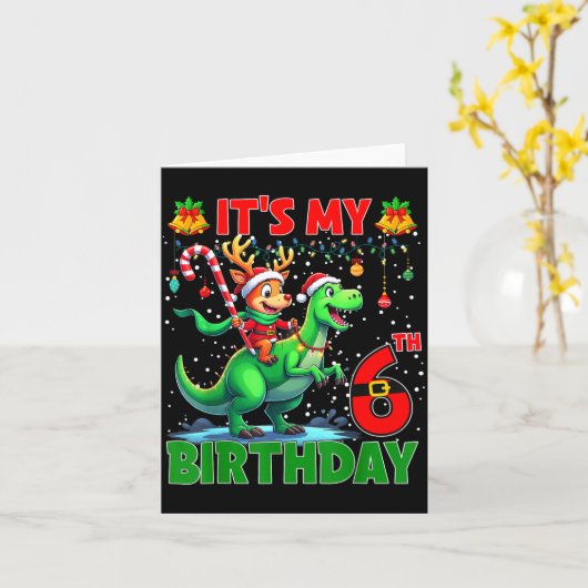 It’s My 6th Birthday Xmas Reindeer Riding Dinosaur カード (黄色い花)