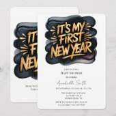 It’s My First New Year in Black & Gold Baby Shower 招待状 (正面/裏面)