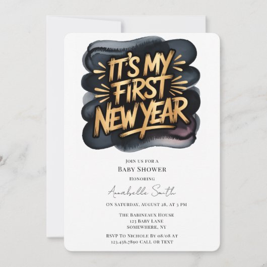 It’s My First New Year in Black & Gold Baby Shower 招待状 (正面)