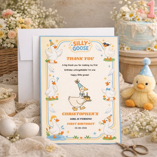 It’s ONE Silly Goose Retro 1st Birthday Fun Modern サンキューカード