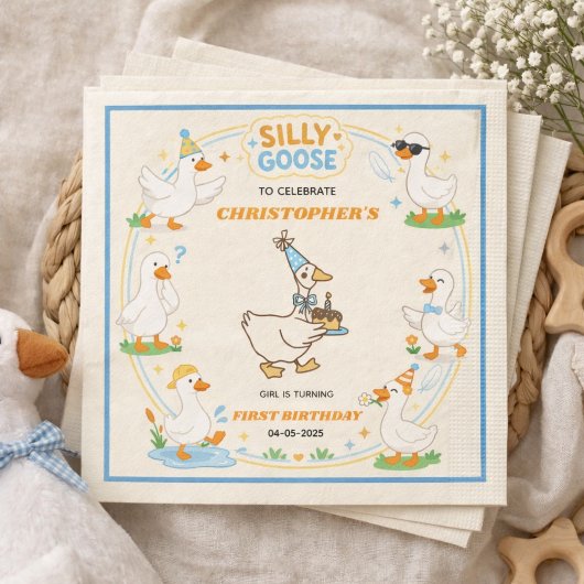 It’s ONE Silly Goose Retro 1st Birthday Fun Modern スタンダードカクテルナプキン