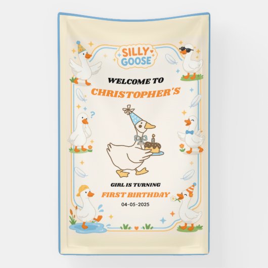 It’s ONE Silly Goose Retro 1st Birthday Fun Modern 横断幕 (縦)
