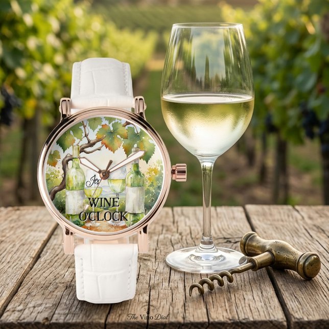 It’s Wine O’Clock Watercolor Vineyard White Wine 腕時計 (Watch featuring a watercolor painting of white wine and a vineyard - wine o'clock)