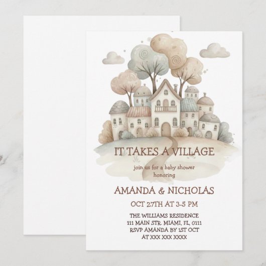 It Takes A Village Baby Shower 招待状 (正面/裏面)