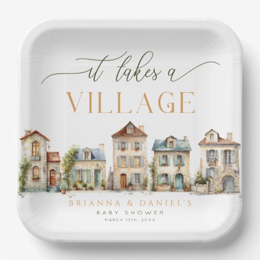 It Takes a Village Baby Shower Plates ペーパープレート (正面)