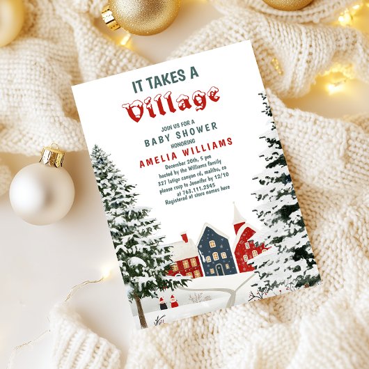 It Takes a Village Baby Shower Winter Snowy 招待状