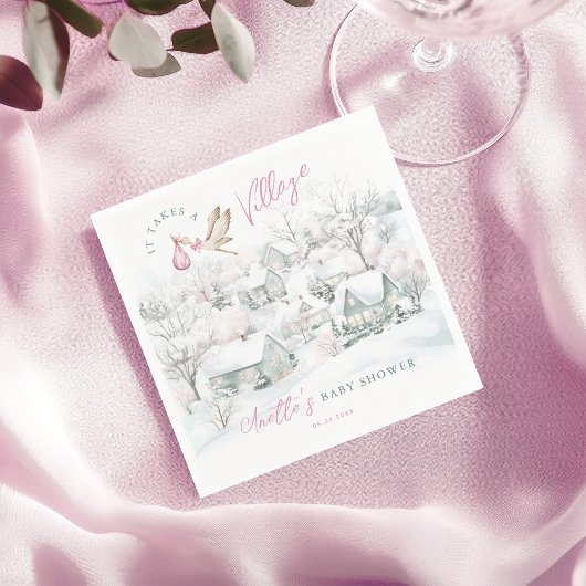 It Takes a Village Pink Girl Stork Baby Shower スタンダードカクテルナプキン
