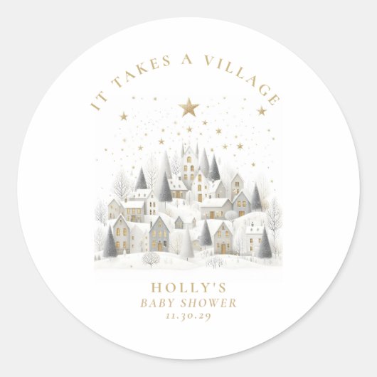 It Takes a Village Snowy Whimsical Baby Shower ラウンドシール (正面)