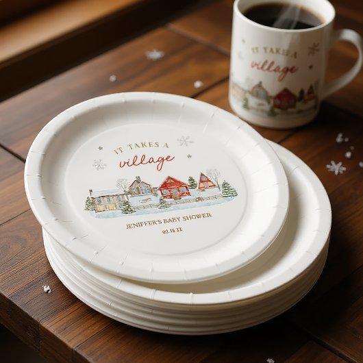 It Takes a Village Snowy Winter Baby Shower ペーパープレート