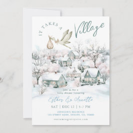 It Takes A Village Stork Winter Baby Shower 招待状