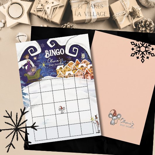 It Takes a Village Winter Girl Baby Shower Bingo 招待状