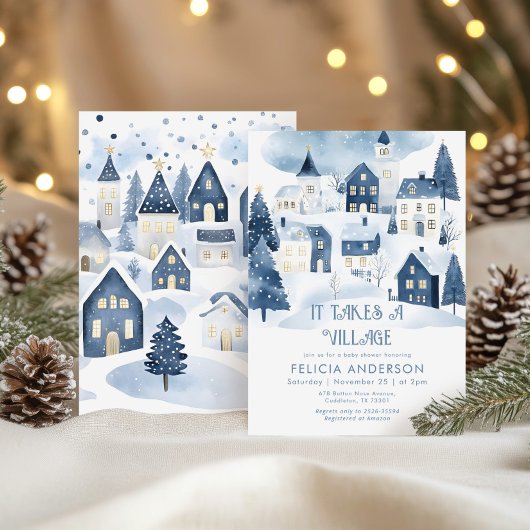 It takes a village Winter Navy Baby Boy Shower 招待状